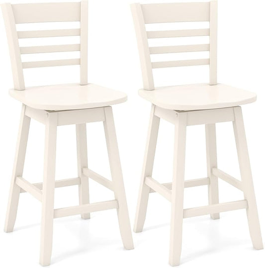 COSTWAY Bar Stools Set of 2, 24.5 Inch Swivel Counter Height Bar Chairs with Hollow Backrest & Contoured Seat, with Footrest for Kitchen Island, Pub, Bistro, Cafe (2, Cream)