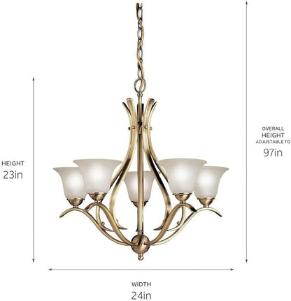 Kichler Dover 5-Light Chandelier in Antique Brass, Alabaster Swirl Glass, Traditional Style, (23" H x 24" DIA), 2020AB