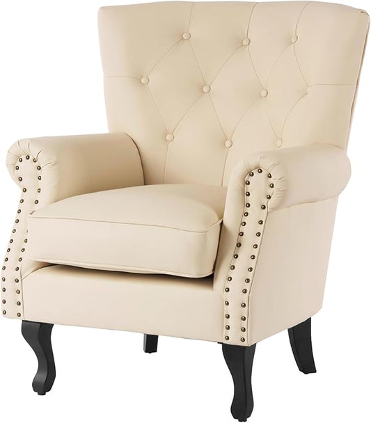 Modern Faux Leather Accent Chair, Upholstered Mid-Century Armchair with Solid Wood Legs, Single Sofa Chair for Living Room, Bedroom, or Reading Room（Ivory White）