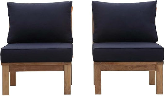 Modway EEI-1821-NAT-NAV-SET Marina Premium Grade A Teak Wood Outdoor Patio Armless Chairs-Set of 2, Natural Navy
