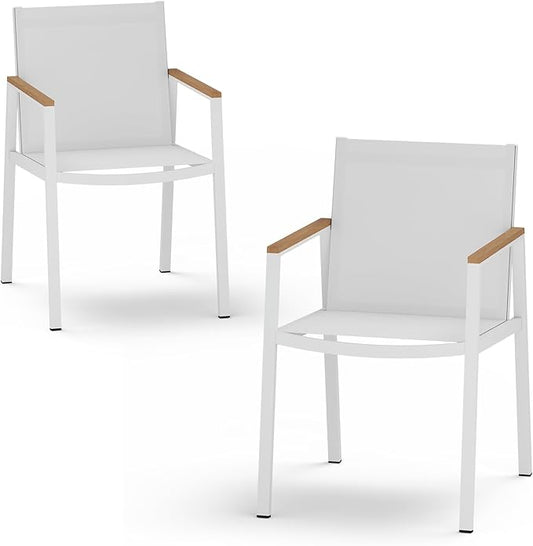 Outdoor Dining Chairs Set of 2, Aluminum Patio Dining Chairs with Textilene Fabric & HDPS Armrest for Ergonomic Design, All-Weather Outdoor Furniture for Garden and Indoor, White