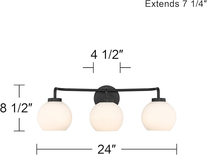 Possini Euro Design Nadia 24" High Modern 3 Light Bathroom Vanity Wall Lamp Light Fixture Mount Over The Sink Mirror Hardwired Cordless Black Milk Glass Shade