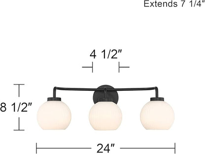 Possini Euro Design Nadia 24" High Modern 3 Light Bathroom Vanity Wall Lamp Light Fixture Mount Over The Sink Mirror Hardwired Cordless Black Milk Glass Shade
