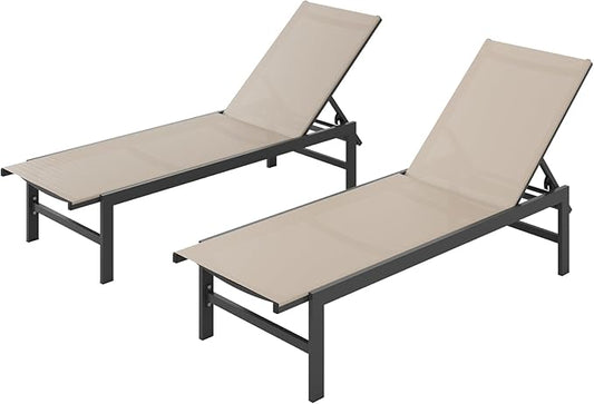 Outdoor Lounge Chairs Set of 2 for Pool, Aluminum Chaise Lounge Chairs with 5-Position Recliner, Patio Lounge Chair for Backyard, Poolside, Deck, Lawn, Khaki