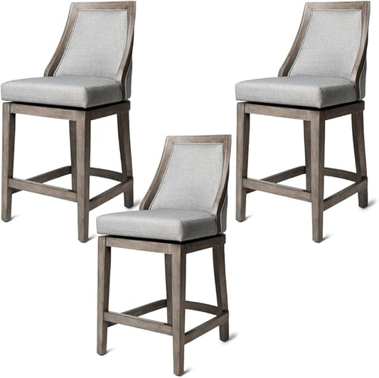 Maven Lane Vienna Counter Stools 26 Inches – Set of 3 – Swivel Stools with Footrests – Grey Solid Wood and Grey Fabric Upholstery – Ideal for Kitchen Islands and Counters
