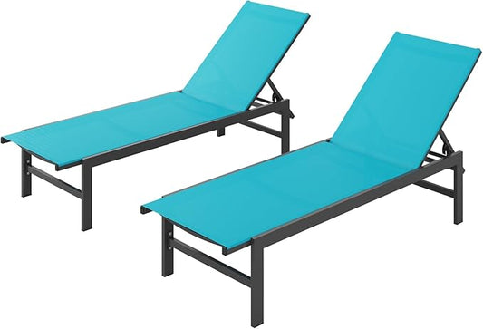 Outdoor Lounge Chairs Set of 2 for Pool, Aluminum Chaise Lounge Chairs with 5-Position Recliner, Patio Lounge Chair for Backyard, Poolside, Deck, Lawn, Lake Blue