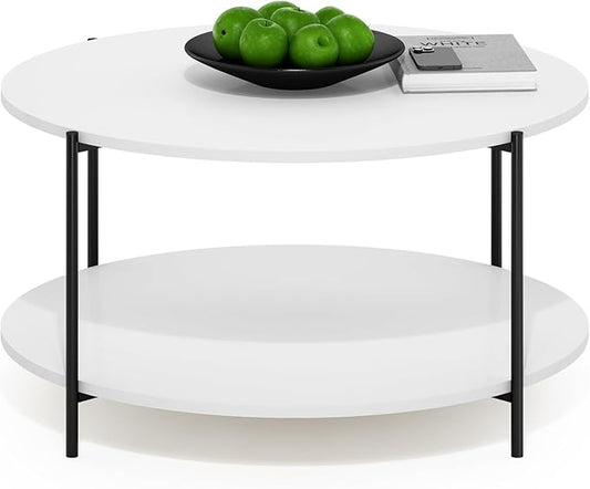 Furinno BESI Coffee Table, 2-Tier Round Modern Coffee Table with Metal Legs, Metal Frame Side Table with Open Shelf, for Living Room, Bedroom, Home Office, White
