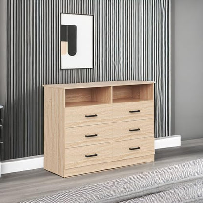 Bigbiglife 6 Drawers Dresser for Bedroom Wooden Drawer with Open Storage Cubby, Double Wide Dresser Organizer for Bedroom, Living Room, Entryway, Hallway (Light Oak)
