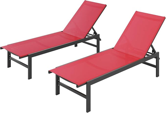 Outdoor Lounge Chairs Set of 2 for Pool, Aluminum Chaise Lounge Chairs with 5-Position Recliner, Patio Lounge Chair for Backyard, Poolside, Deck, Lawn, Red