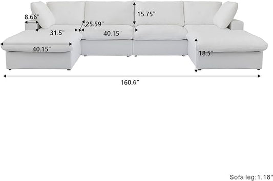 Cloud Couch Modular Sectional Sofa,160.6" Down Filled Sofa with Storage Ottoman,U Shaped Couch 6 Seater, White Convertible Sectional Sofa for Living Room,Covers Removable & Washable