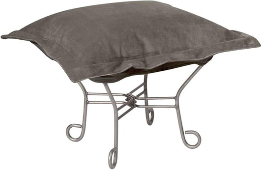 Howard Elliott Scroll Puff Ottoman Chair With Cover, Multipurpose Alternate Seating Footstool Footrest Chair with Titanium Frame, Patio Furniture for Camping, Home, Indoor & Outdoor, Bella Pewter