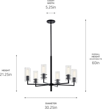 KICHLER Velestino 30.25" 6 Light Chandelier in Black, for Foyer, Dining Room, Living Room, Bedroom, (21.25" x 30.25") 52679BK