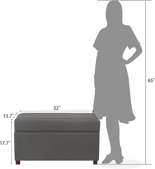 Asense Storage Ottoman Bench –32 Inch Stylish Compact Design with Storage, Extra Seating & Modern Leather Appeal for Living Room, Bedroom, Entryway， Slate Gray