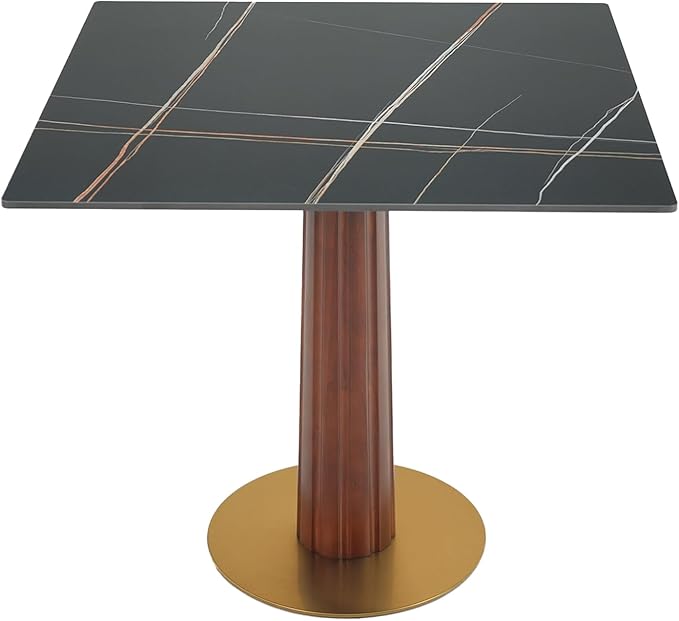 Sintered Stone Square Office Table and Chair Set - Meeting Table for Small Offices (Dark Brown Leg and Black Top, 1 Table and 4 Chairs)
