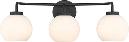 Possini Euro Design Nadia 24" High Modern 3 Light Bathroom Vanity Wall Lamp Light Fixture Mount Over The Sink Mirror Hardwired Cordless Black Milk Glass Shade