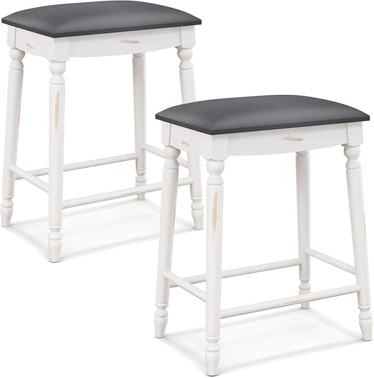 COSTWAY Upholstered Bar Stools Set of 2, 24-Inch Backless Counter Height Dining Stools with Delicate Wood Carving, Footrest, Solid Rubber Wood Frame, Farmhouse BarStools for Kitchen Island Bar, White