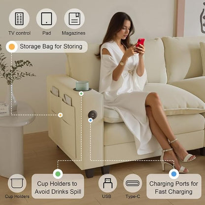 Cloud Couch, Modular Sectional Sofa with Ottoman, Charging Station, Throw Pillows, Cup Holders, Modern Convertible L Shaped Couches for Living Room, Bedroom (White, 116"- U Shape)