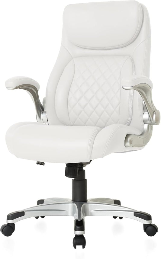 Nouhaus +Posture Ergonomic PU Leather Office Chair. Click5 Lumbar Support with FlipAdjust Armrests. Modern Executive Chair and Computer Desk Chair (White)