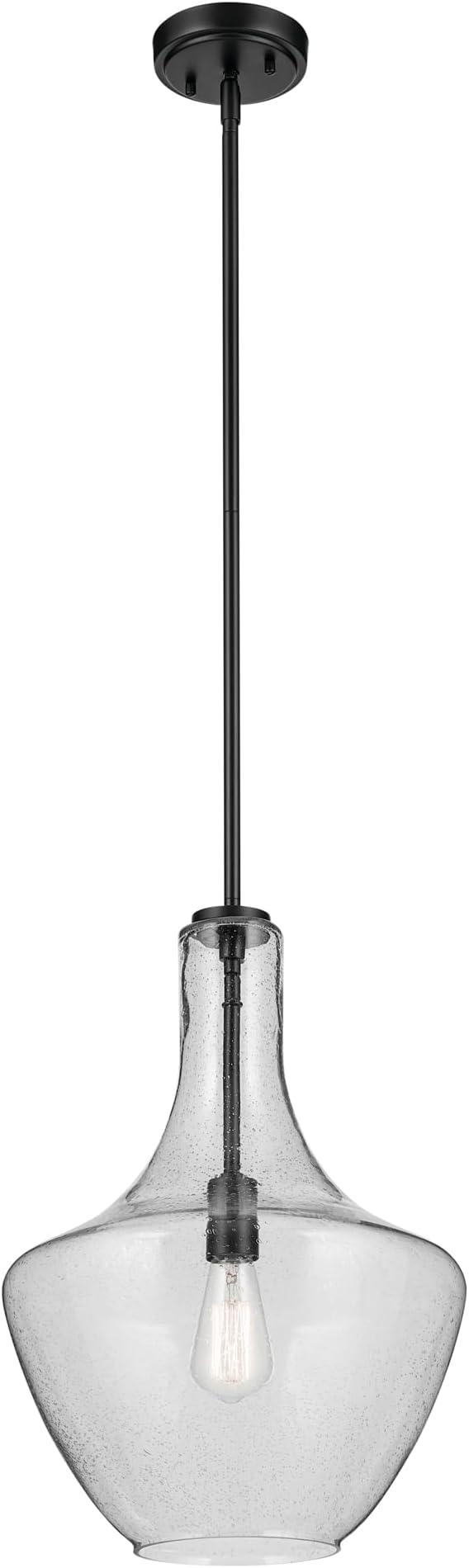 Everly 19.75" 1-Light Bell Pendant with Clear Seeded Glass in Black, for Kitchen Island, Dining Nook, Bedroom, (19.75" x 13.75") 42046BKCS