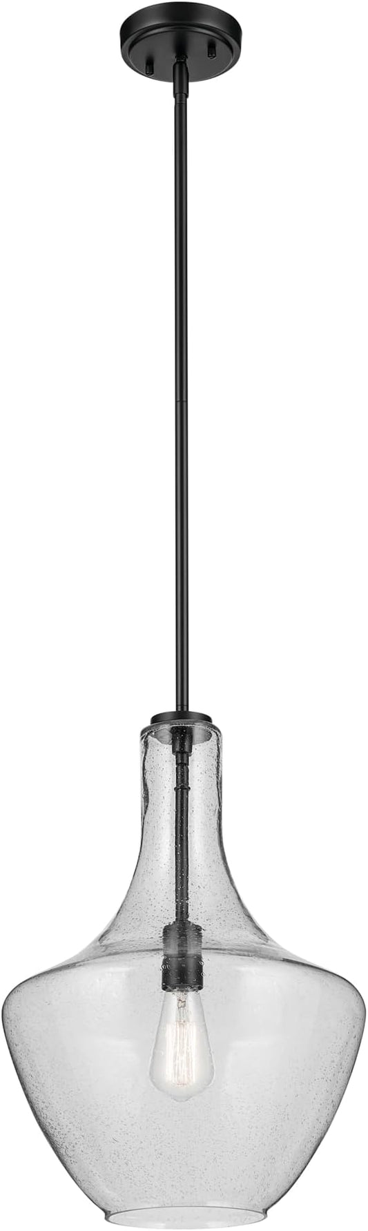 Everly 19.75" 1-Light Bell Pendant with Clear Seeded Glass in Black, for Kitchen Island, Dining Nook, Bedroom, (19.75" x 13.75") 42046BKCS