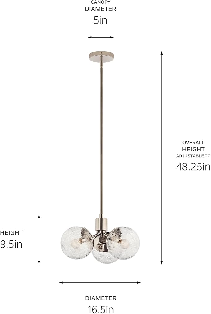 KICHLER Silvarious 3-Light Convertible Pendant, Soft Modern Light with Clear Crackled Glass in Polished Nickel, for Hallway, Dining Nook, Bedroom or Kitchen (9.5" x 16.5"), 52700PN