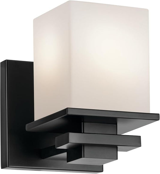 KICHLER Tully 6.5" 1-Light Wall Sconce with Satin Etched Cased Opal Glass in Black for Vanity, Living Room, Dining Room, Bedroom, Laundry Room, Mudroom, Hallway, Stairwell (6.5 x 5 x 7), 45149BK