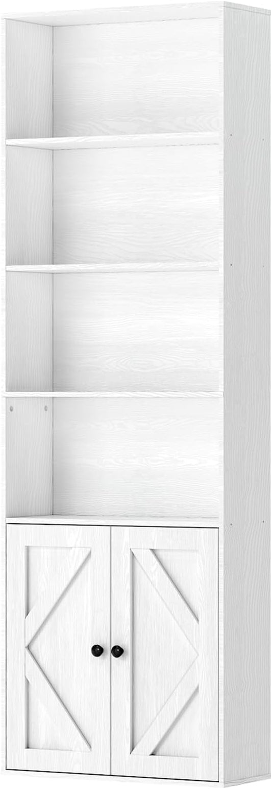 Bookshelf, 6-Tier Floor Bookcase with 2 Bottom Doors, 9.29"x23.62"x70.86", Storage Cabinet Bookshelves for Home Office, Living Room, Bedroom-White