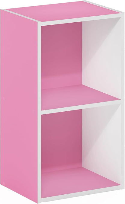 Furinno PASIR Book Shelf, 2-Tier Modern Bookshelf, Open Shelves Bookcase 9 x 12 x 21, for Living Room, Bedroom, Home Office, Pink/White