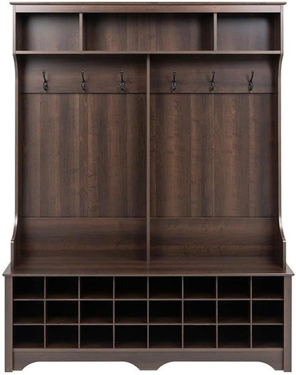 Prepac Brown Hall Tree, Shoe Cabinet, Storage Cabinet with 24 Shoe Cubbies and 6 Double Coat Hooks 15.5" D x 60" W x 77" H