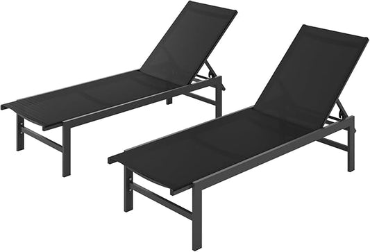 Outdoor Lounge Chairs Set of 2 for Pool, Aluminum Chaise Lounge Chairs with 5-Position Recliner, Patio Lounge Chair for Backyard, Poolside, Deck, Lawn, Black