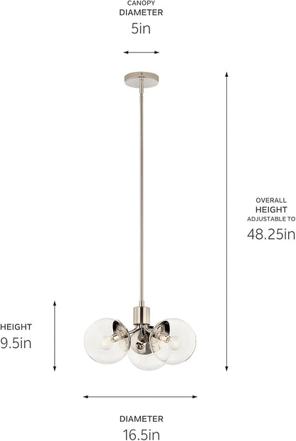 KICHLER Silvarious 3-Light Convertible Pendant, Soft Modern Light with Clear Glass in Polished Nickel, for Hallway, Dining Nook, Bedroom or Kitchen (9.5" x 16.5"),52700PNCLR
