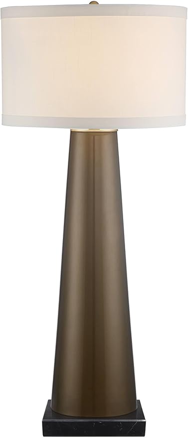 Possini Euro Design Karen Modern Table Lamp with Black Marble Riser 36" Tall Dark Gold Tapered Glass Off-White Fabric Drum Shade for Bedroom Living Family Room Bedside Nightstand House Home Office
