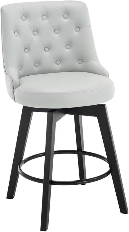 MINCETA Set of 2 Upholstered Bar Stools - 26 Inch Swivel Counter Height Stools with Low Tufted Back, Footrest & Performance Fabric - Round Seat for Kitchen Island & Home Bar Light Gray