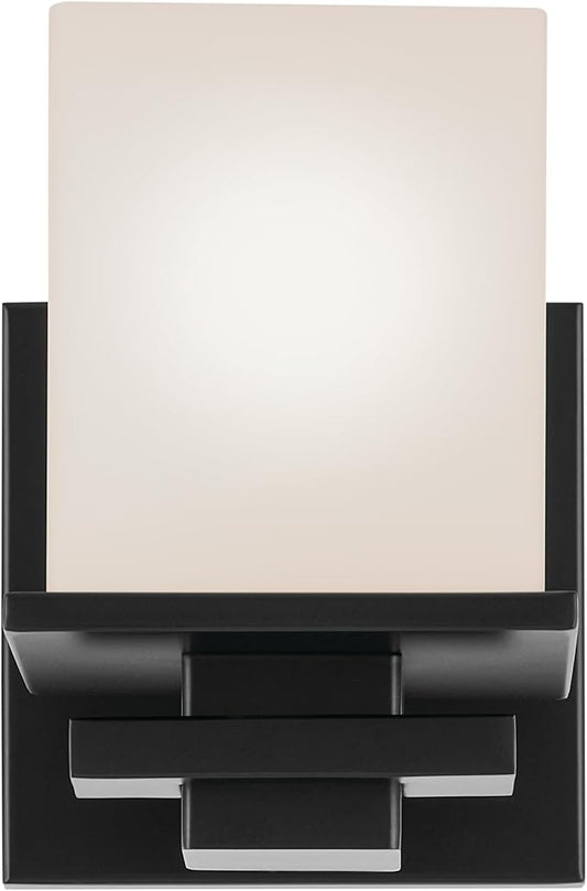 KICHLER Tully 6.5" 1-Light Wall Sconce with Satin Etched Cased Opal Glass in Black for Vanity, Living Room, Dining Room, Bedroom, Laundry Room, Mudroom, Hallway, Stairwell (6.5 x 5 x 7), 45149BK