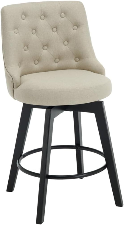 MINCETA Set of 4 Upholstered Bar Stools - 26 Inch Swivel Counter Height Stools with Low Tufted Back, Footrest & Performance Fabric - Khaki Round Seat for Kitchen Island & Home Bar