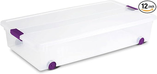Sterilite 12-Pack ClearView Latch Box, Wheeled Underbed Organizer Bins for Home, 60 Quart