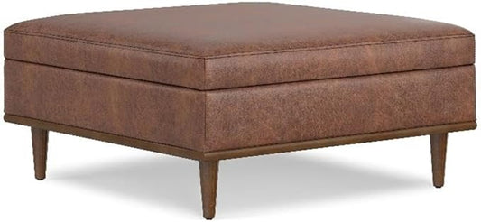 SIMPLIHOME Shiloh 38 inch Wide Transitional Contemporary Square Storage Ottoman in Distressed Saddle Brown Vegan Faux Leather, Assembled, for The Living Room, Entryway and Family Room