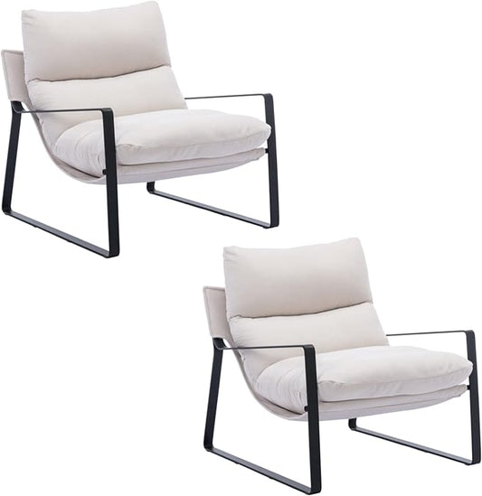 HEAH-YO Modern Accent Chairs Set of 2, Chenille Fabric Living Room Chairs with Removable Cushion and Solid Metal Frame, Comfy Reading Chairs for Bedroom, White