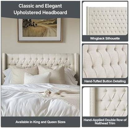Madison Park Amelia Upholstered Headboard | Nail Head Trim Wingback Button Tufted | King, Cream