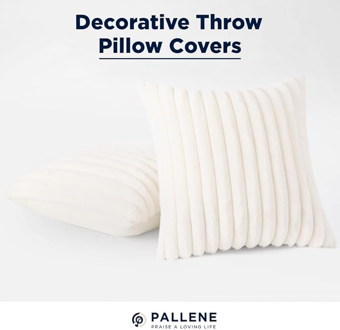 Pallene Faux Fur Plush Christmas Throw Pillow Covers 22x22 Set of 2, Luxury Soft Fluffy Striped Decorative Pillow Covers for Sofa, Couch, Living Room, Cream White