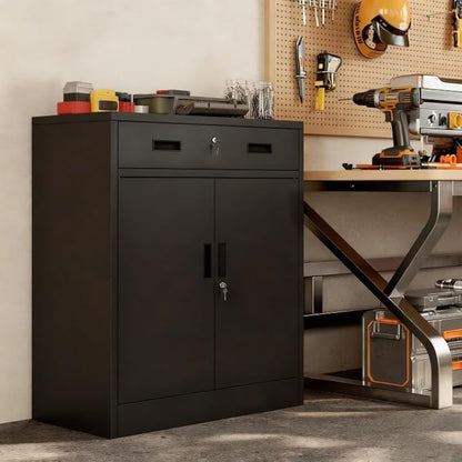 Steel Storage Cabinets，Metal Storage Cabinet with 1 Locking Drawers, Locking Storage Cabinets for Office, Home, Garage, Warehouse 37" H x 31.5" W x 15.7" D (Black)