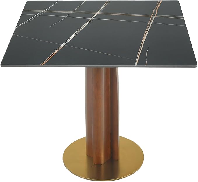 Sintered Stone Square Office Table and Chair Set - Meeting Table for Small Offices (Walnut‌ Leg and Black Top, 1 Table and 4 Chairs)