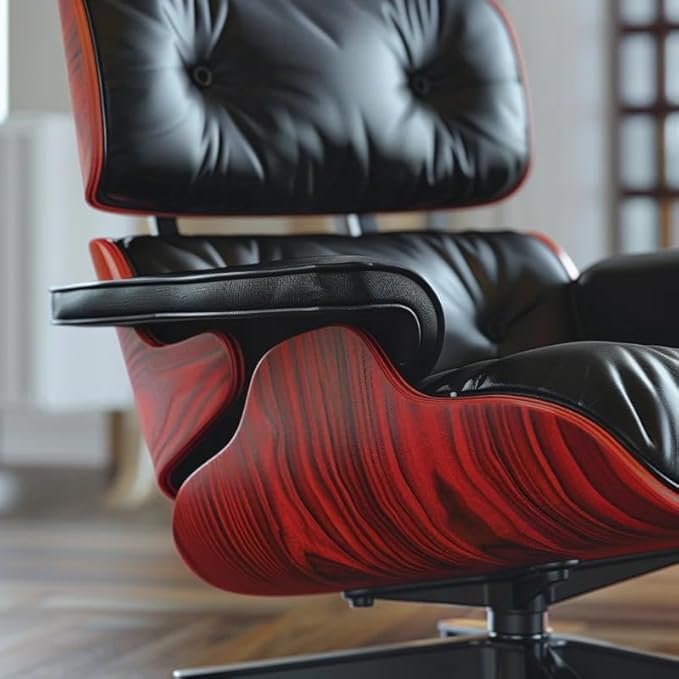 Top Black Grain Leather, Mid Century Chaise Lounge Chair and Ottoman, Modern Chair Classic Design, Red Rosewood, Heavy Duty Base Support for Living Room Study Lounge Office