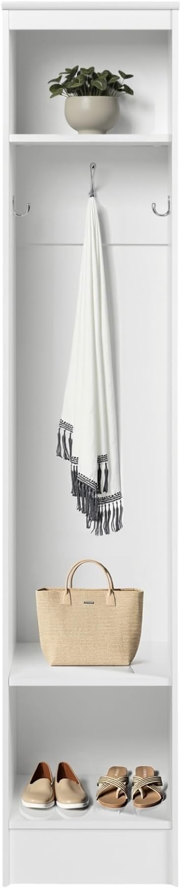 Prepac Narrow Coat Rack Freestanding Hall Tree with 3 Hooks, Entryway Furniture for Coat and Shoe Storage, Entryway Organization with an Adjustable Shelf, 14.75"W x 72.5"H x 15.5"D, White