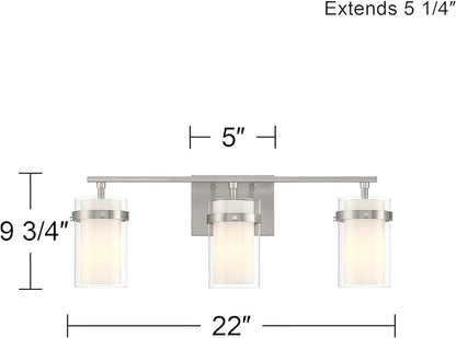 Possini Euro Design Kazran Modern Wall Light Brushed Nickel Slender Hardwire 21 1/4" 3-Light Fixture Frosted White Glass Shade for Bedroom Bathroom Bedside Vanity Living Room Mirror Hallway Dining
