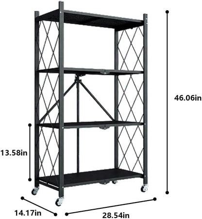 Four-Layer Foldable Storage Metal Shelf with Locking Wheels,Easy Assembly and Move Space-Saving Shelves Organizer Suitable for Kitchen, Pantry and Closet-28.54" L x 14.17" W x 46.06" H