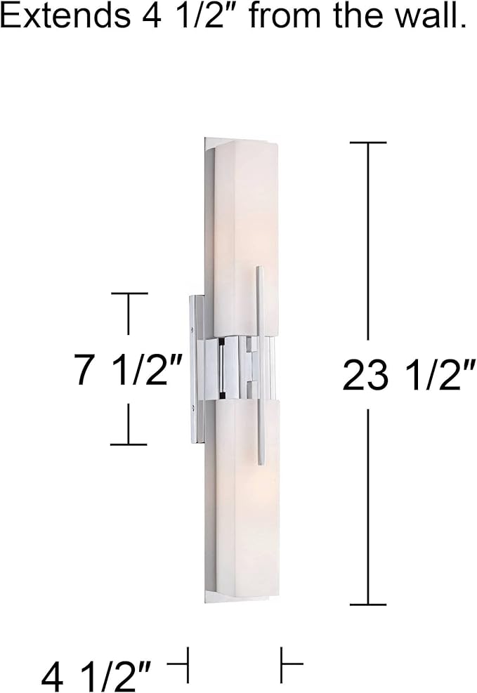 Possini Euro Design Midtown Mid Century Modern Wall Mount Light Chrome Silver Metal 23 1/2" Wide 2-Light Vanity Fixture Rectangular White Glass Shades Decor for Bathroom Over Mirror House Home