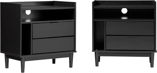 Walker Edison Blythe Mid-Century Modern Tray-Top Storage Nightstands Set of 2 Black