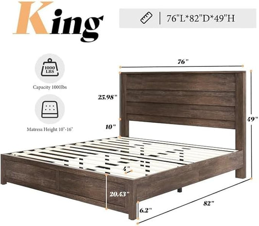 AMERLIFE Farmhouse King Platform Bed Frame with 49" Fluted Headboard, Wooden Bed with Natural Grain Finish, Noise-Free, No Box Spring Required, Easy Assembly, Grey