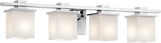 Kichler Tully 32" Vanity Light in Chrome, 4-Light Modern Bathroom Light with Satin Etched Cased Opal Glass, (32" W x 6.5" H), 45152CH